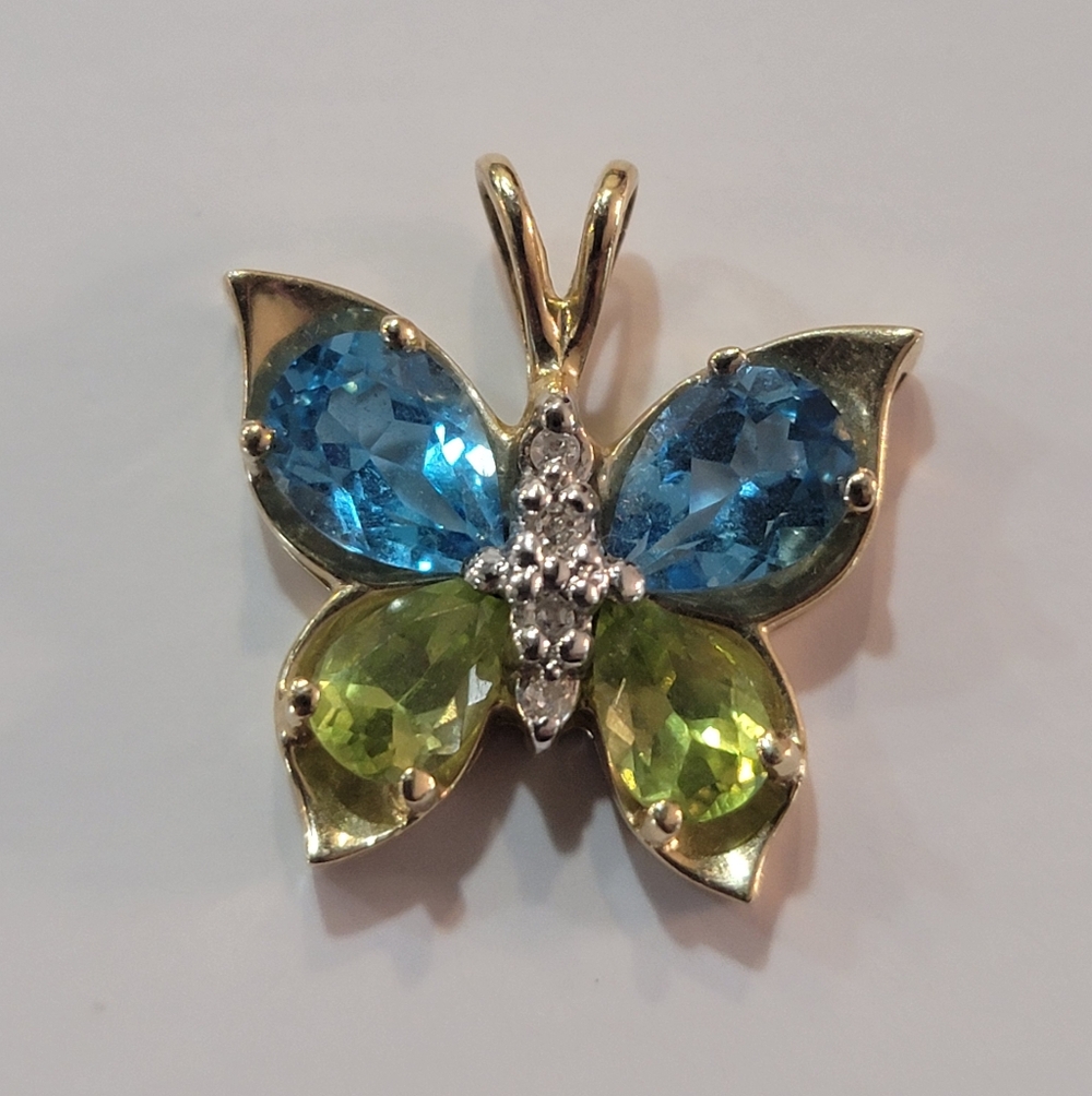 14 Karat Gold Blue Topaz, Peridot, And Diamond Butterfly Pendant